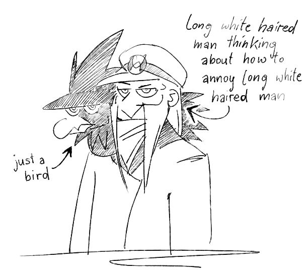 A black and white sketch of Emmet smiling 
mischievously. His murkrow Leo is sitting on his shoulder, looking disinterested. There's text with an arrow pointing at Emmet, reading "long white haired man thinking about how to annoy long white haired man" (The other man in question is AZ). Text with an arrow pointing at Leo reads "just a bird".