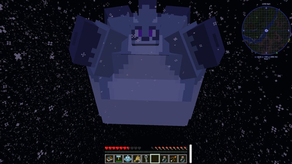 Chaotic the Raccoon in minecraft, inflated as a blimp in the air at night, snow falling around