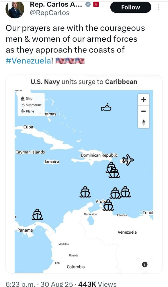 Our prayers are with the courageous men & women of our armed forces as they approach the coasts of Venezuela. Pic of assets placed near the border.