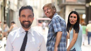 Meme where Trump is walking with Laura Loomer while his attention is on Zohran who he's checking out from behind