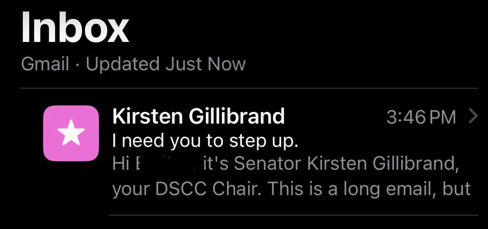 Gmail inbox showing a mass email from Kirsten Gillibrand with the subject line: I need you to step up