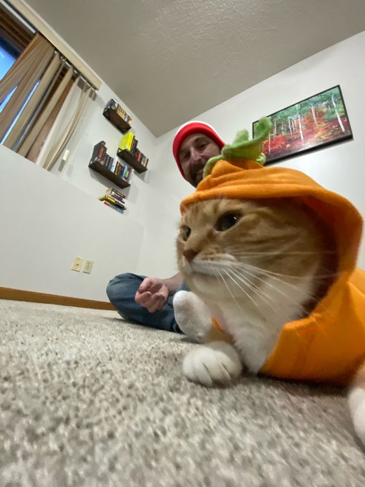 Pumpkin as a Pumpkin and myself as Waldo from Where’s Waldo. 