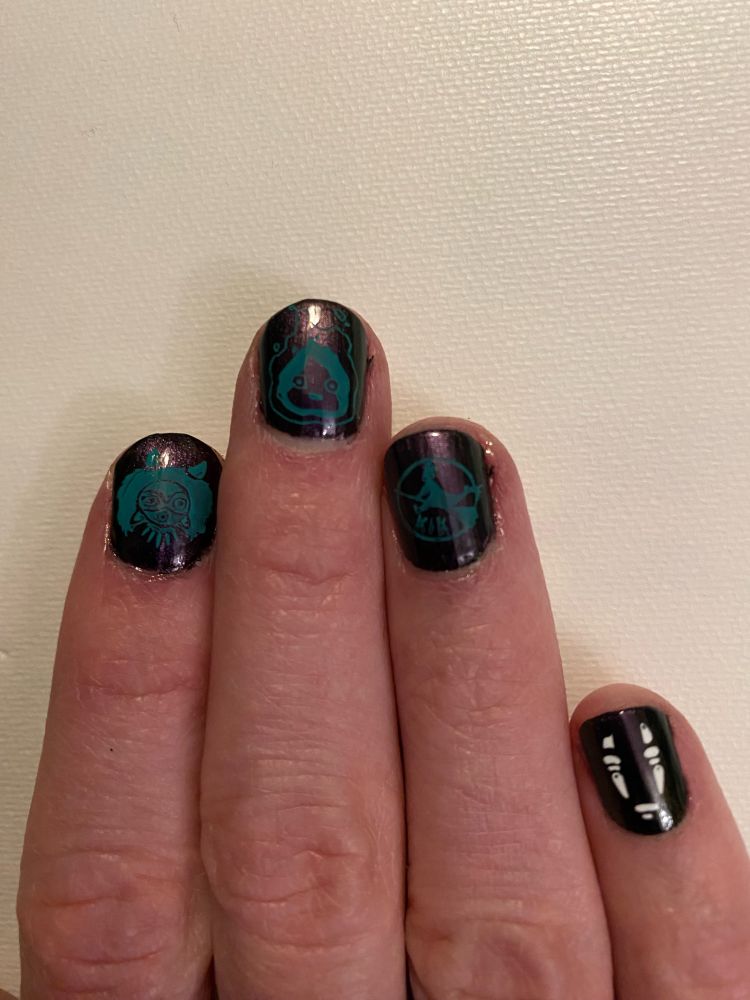 Right hand painted nails, green, white, and purple with Studio Ghibli characters