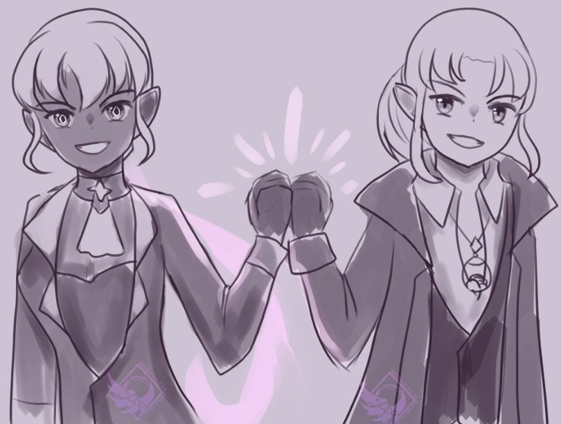 A monochrome doodle of a couple doing a fist bump, while having a smug expression on each other's faces.
Left Side: Vivian Nokoribi
Right Side: Rozan Florethorn