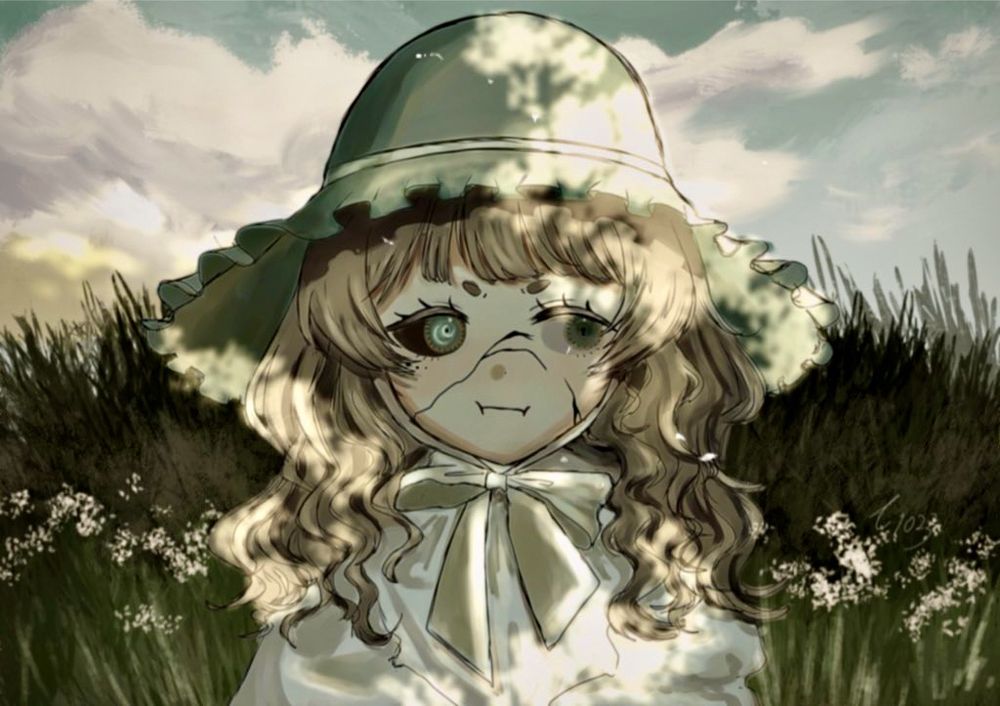 青空が広がる草原で青い帽子を被ったくせ毛の小さな女の子がむくれ顔で拗ねている絵です。木漏れ日のような光を効果的に使っています。