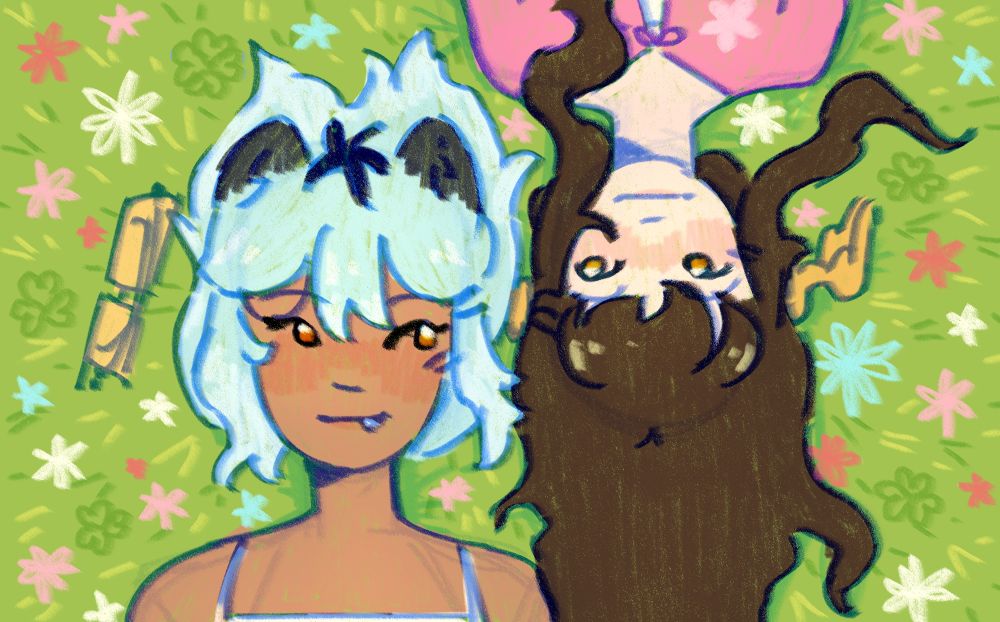 A drawing of two kids laying down in a flower field. One has medium length light blue hair and medium toned skin, she is wearing a white tanktop and is half arctic fox. The other is younger and has long brown hair, fair skin, and is wearing a pink cardigan. The younger is also half duck. The flowers in the field are different shades of pink, blue, and white.