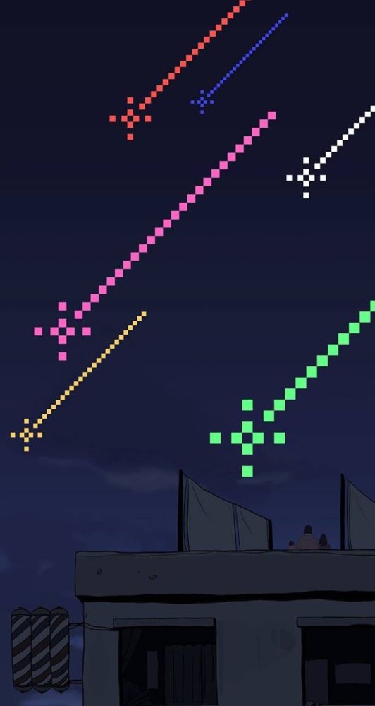 page from the webtoon, videogame store under the barbershop by ilkwon ha. it is nighttime and they are on the rooftop of the barbershop. in the vast dark blue sky above them, stars drawn as pixels fall in multicolored showers.