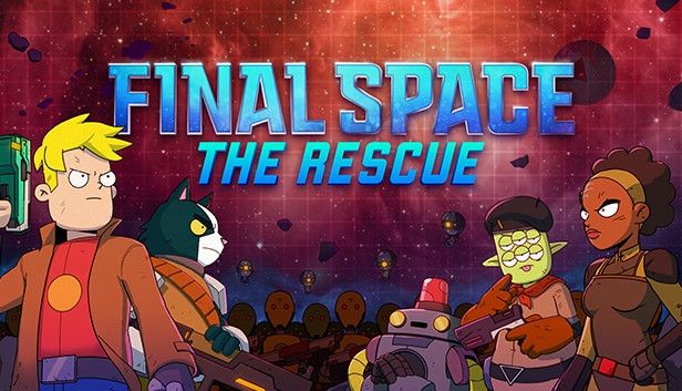 Final Space: The Rescue. Main characters pose in front of crowd of humanoid robots. 