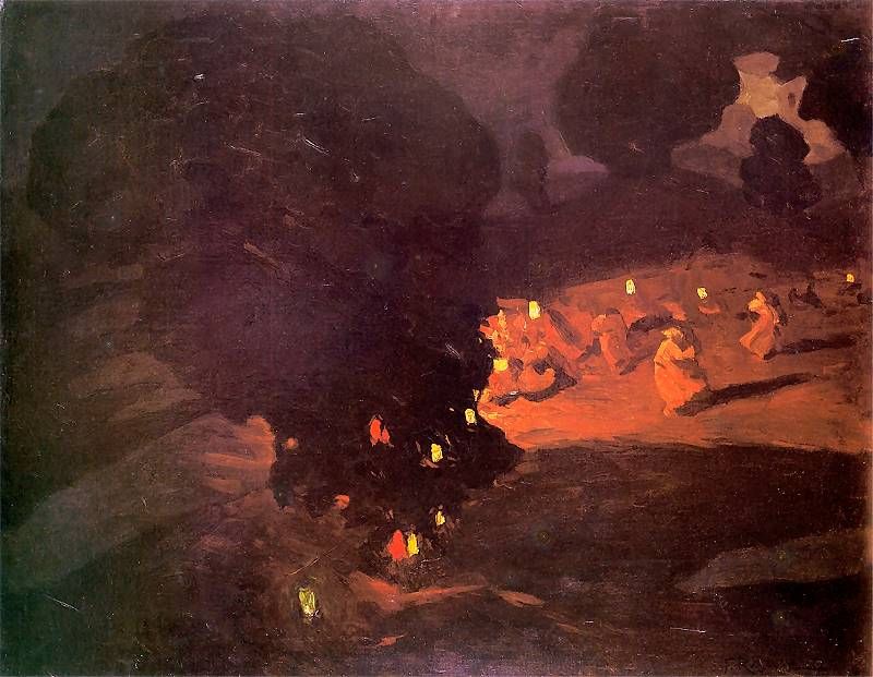 Ferdynand Ruszczyc, Sobótki,1898, Museu Czestochowa. Pintura escura, com tons profundos de marrom, laranja, vermelho e preto. Ao centro e à direita, há silhuetas de pessoas dançando. em pinceladas marcadas de laranja e vermelho, com pontos amarelos que indicam chamas. Mais ao centro, há a fogueira que dá nome ao quadro, da qual sai fumaça escura. A paisagem não permite perceber muitos detalhes além dos corpos cobertos de capas iluminados pela luz da fogueira. Todo o resto é composto por pinceladas duras de tons escuros.