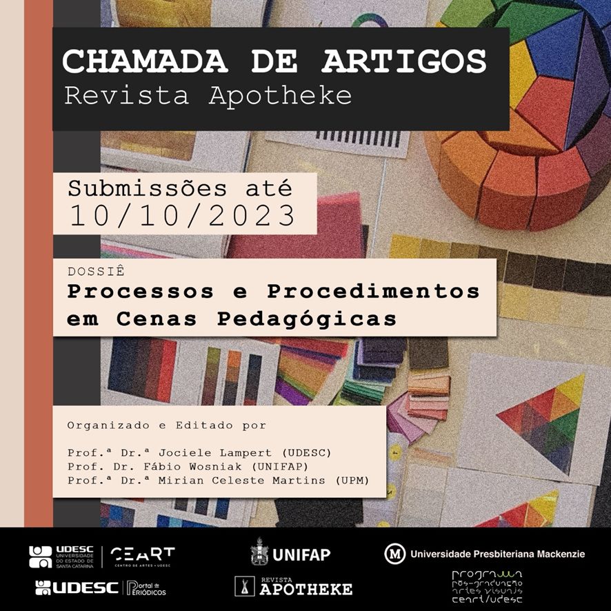 Fotografia de mesa vista de cima, com formas geométricas coloridas em vários papéis. Sobre a foto, letreiros que dizem: Chamada de artigos, Revista Apotheke. Submissões até 10 de outubro de 2023. Dossiê Processos e Procedimentos em Cenas Pedagógicas. Organizado por  Fábio Wosniak (UNIFAP), Jociele Lampert (UDESC) e Mirian Celeste Martins (UPM).