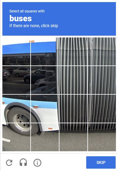A tile clicking image base captcha with 4x4 tiles. The entire image is one giant bus and the captcha asks to select all tiles with buses.