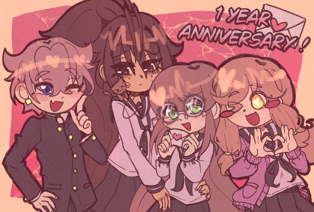 A drawing of the four characters present in the short yuri visual novel "To My Darling". In order they go: Aoi, Kyouko, Mimiko, and Kin. There is text at the top that reads "1 year anniversary!"