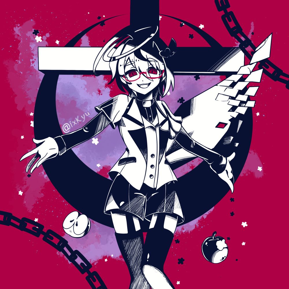 A drawing of an OC inspired by the song "Ángel/アンヘル" by Kairiki Bear. The character is standing in front of a cross and crescent moon, with chains and eaten apples in the background. The character is wearing red glasses and a priest-inspired outfit, topped with a suit vest. They have one wing protruding through their back.
