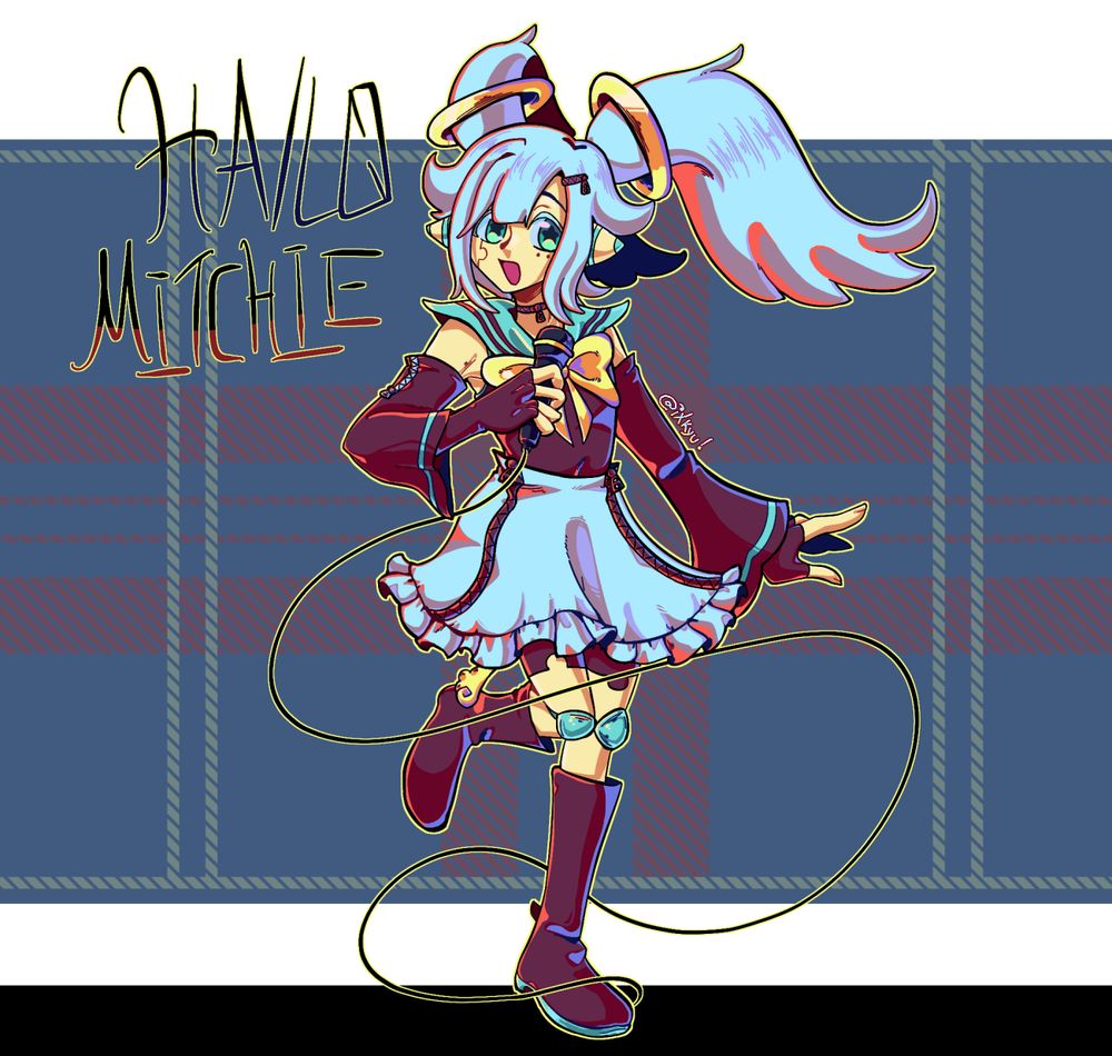 A drawing of a robotic-idol who looks awfully similar to Hatsune Miku. Her bangs are messy, and her hair is tied into twintails, styled in a way that mimics angel wings. Her hair ties are halos.