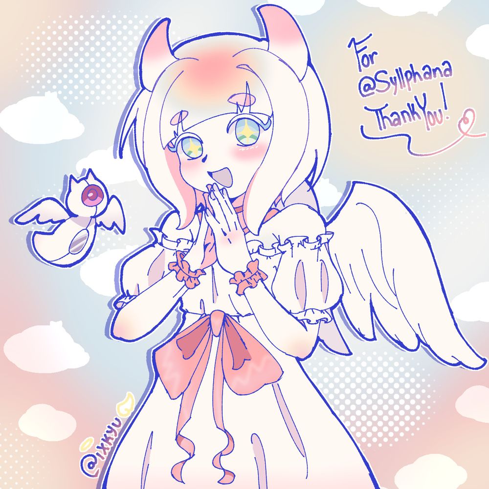 A drawing of an angelic being. Her design is inspired by a sea butterfly — the color palette mostly being composed of pure white with reddish-pink accents. She smiles at the camera with her hands together in front of her chin. To her right, there is a robot sea butterfly creature. The character design belongs to @Syllphana on bluesky.