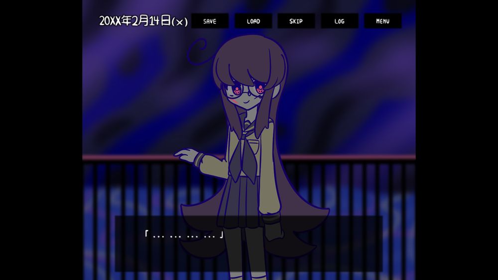 A redraw of a frame from the music video for "Retry Now" (いますぐ輪廻) by Nakiso. It depicts the character Nakamura Mimiko standing in front of a dark blue sky and body of water. She is turned at the camera with a smile on her face and a cut on her right cheek. There is a text box underneath her that reads:
"「 ... ... ... ...」"
Along with that, there is a "quickmenu" at the top, featuring buttons for "Save", "Load", "Skip", "Log", and "Menu". There is also a date in the top left corner, reading "20xx年2月14日(x)", or in other English, "14th of February, 20xx (unspecified day)".