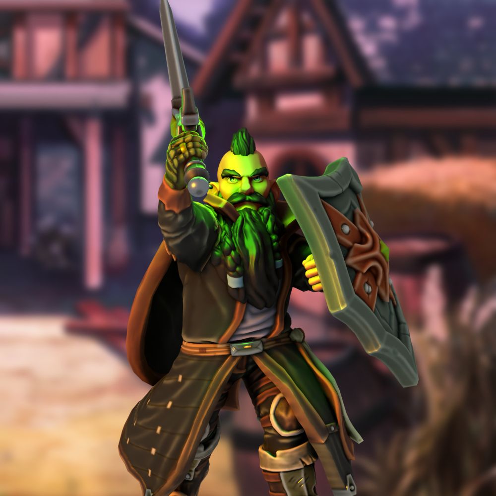 A Dwarf with a light tan, holding up Sword and Shield. He has one normal and one scaly, dragonlike arm. Mysteroius green light from his arm is casted upon him. A Dungeons and Dragon Warlock worthy battleing Zariel