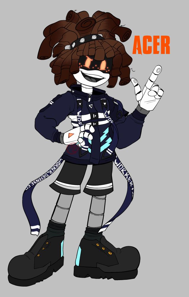 Acer’s new design! Still has dreadlocks, but is now wearing a navy blue tech wear jacket, black shorts, and laceless black sneakers.