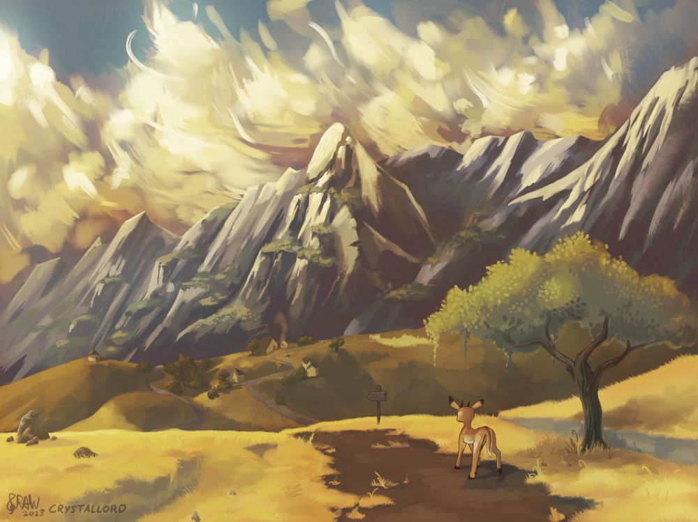 Digital painting. A deer walks a long dirt path to a village underneath a cliffside, passing by a short tree.