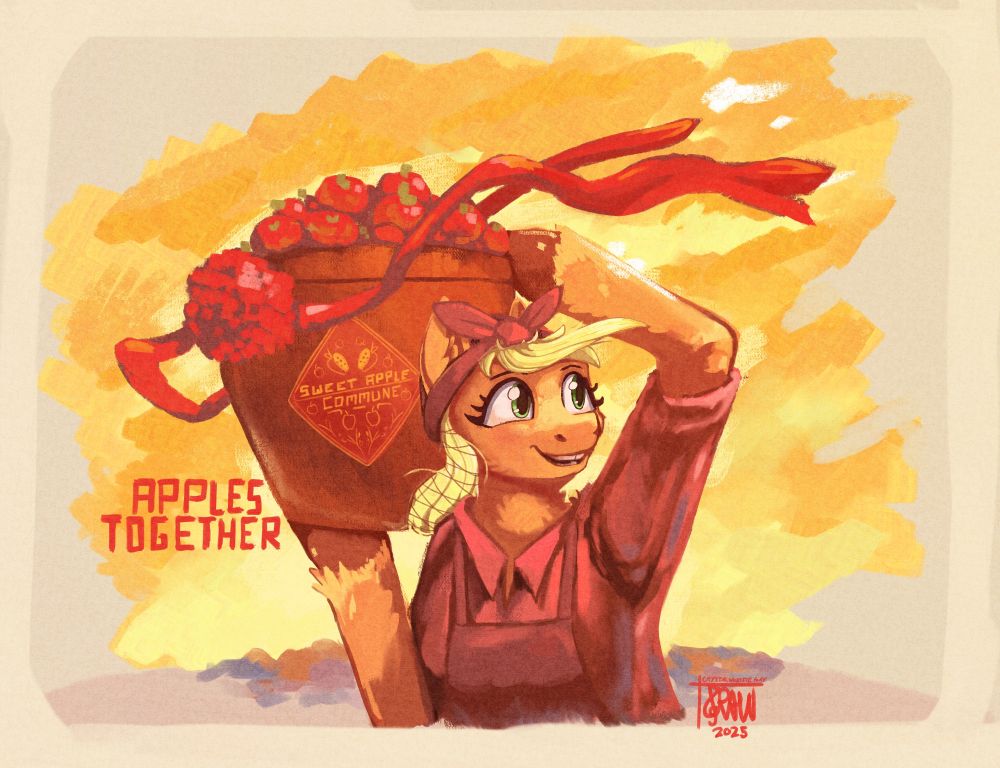 Applejack carrying a basket of apples in front of a bright yellow sunset. The text near her reads "apples together", and the text on the basket reads "sweet apple commune". It's a reference of 夺丰收广积粮 (1973) by 上海人民美术出版社宣传画组.