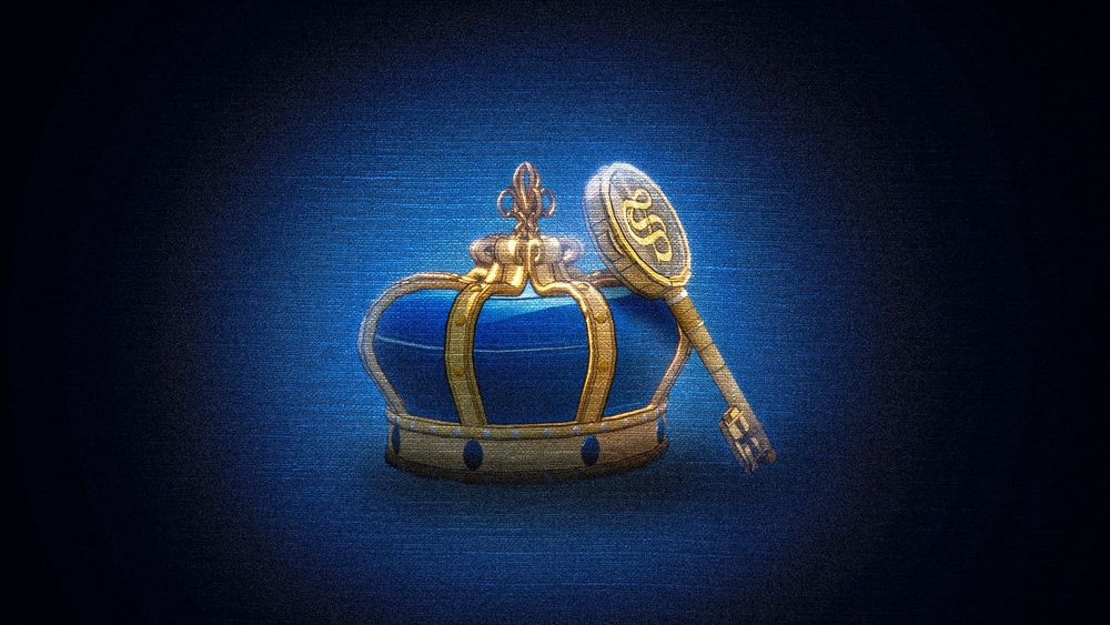 La couronne de Blue Prince est posée sur un fond sombre éclairé à la lumière bleue, une clé sanctum est adossée contre elle
