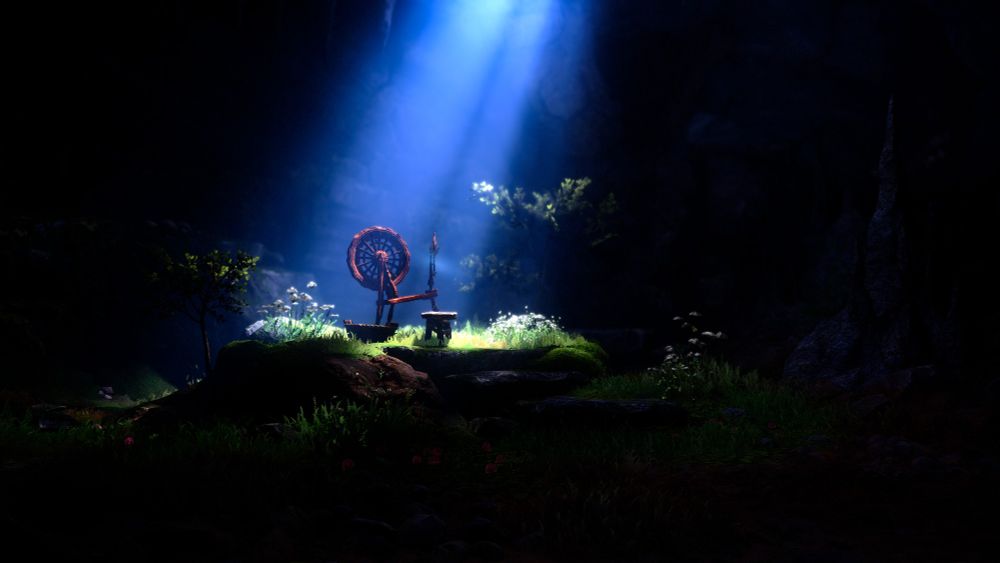 Photo capturée dans South of Midnight : un vieil outil à roue du 19e siècle se trouve sur un petit promontoire en terre dans une grotte sombre, un rayon de lumière vient l'éclairer