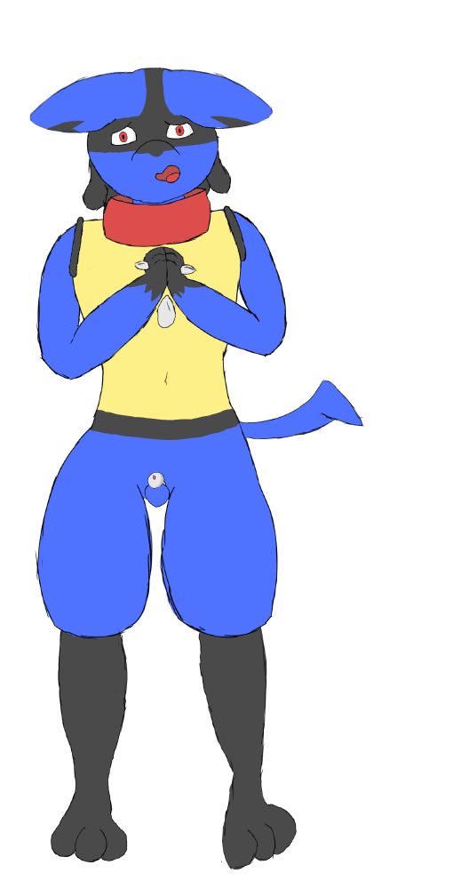 Lucario standing facing the camera with his arms in a pleading position. He looks rather worried about when he might earn the key to his chastity cage with his ears pinned back. He wears a thick red collar.