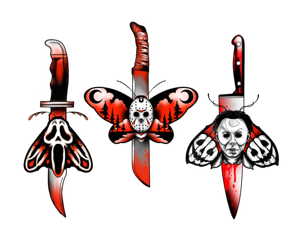 Tattoo flash of knives and horror icons 