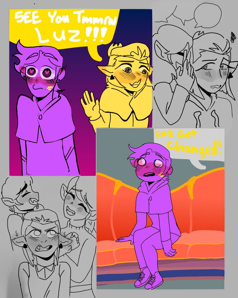 There are two panels. The top left has the same gradient from the previous panel of cobalt to reddish magenta. Luz is solidly colored as purple and Amity is yellow. Amity is saying, “See you Luz!!!” While she gives a quick wave and looking away. Her blush is increasing to make her look like a tomato. Lux is stun locked, hearts in her pupils as her mouth is in a question mark. A yellow kiss mark is on her cheek.

Next to the top left panel is a doodle of willow whispering the idea to Amity. Amity is a bit unsure of the idea. 

On the bottom right is Luz on the owl house couch with a dark gray background. She’s sitting on the couch slightly slouched forward her mouth open and her eyes wide circles. A speech bubble points off the panel with a light grey color and yellow text that says, “Luz get changed!” The colors indicate this is probably Eda.

On the left of the bottom panel is lineart of the Blight siblings teasing and laughing at Amity presumably after she tells them what happened. Amity’s ears point down angrily and bares her fangs but her entire face blush to her ears makes her look like an angry kitten.
