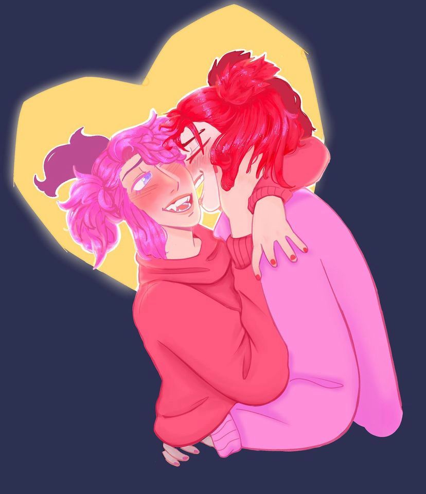 Star guardian Lux and Jinx. The background is a dark blue with a slightly grey tint. There is also a glowing yellow light that helps center the focus. 

In front, the focal piece is jinx laughing it talking in Lux’s ear. Maybe even having missed her cheek. Either way she’s very happy and blushing. Shes wearing a long sleeve sweater the same color as Lux’s hair and wrapping her arms around her waist. Very playfully she seems to have tucked her hands under Lux’s own sweatshirt.

Lux is wearing a matching sweater the color of Jinx’s hair. Her mouth is also in an open smile though she seems to be laughing/giggling at Jinx’s antics. Her left arm is wrapped around Jinx’s neck while the other is holding her face, causing her hand to be buried in Jinx’s soft looking hair. Her left eye is closed as Jinx is rubbing her face quite close to Lux causing their bangs to fall against each other. Before I forget they also have matching painted nails, again the same color as the others hair.