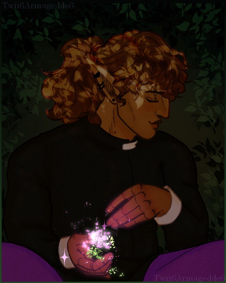 An elf man is sitting on the ground. Behind him are line less leaves going from a range of dark green and light moss colored. His long light brown hair is feathered with the effect, komorebi -- sunlight filtering through the leaves. His hair is tied back to a high pony tail. His bangs fall on his face up to his eyes. He has a big roman type nose and visible cheekbones. His eyes are closed as he looks to the side in concentration, a smile on his lips. with a slight blush as he thinks of the person he is making the flower for. His long elf ears is adorned with four black earrings, on his brown skin with an olive undertone are two moles. One on his neck to the right, close to his jaw and the other below his right eye. 

He is wearing deep purple pants with a slightly redder tone. The same color you'd expect grapes to be or a plum. He is wearing a colored black long sleeved shirt with white cuffs. The collar is similar to that of a priests. In his right hand he is holding the manifestation of a purple flower as it begins to form from the magic he is casting, the light shattering as it forms to his whims. There are purple sparkles and sparks as he creates the flower, still glowing in the process. His left hand is above the flower, protecting it or perhaps giving it the gentlest touch possible to mold to what he is seeing in his mind.