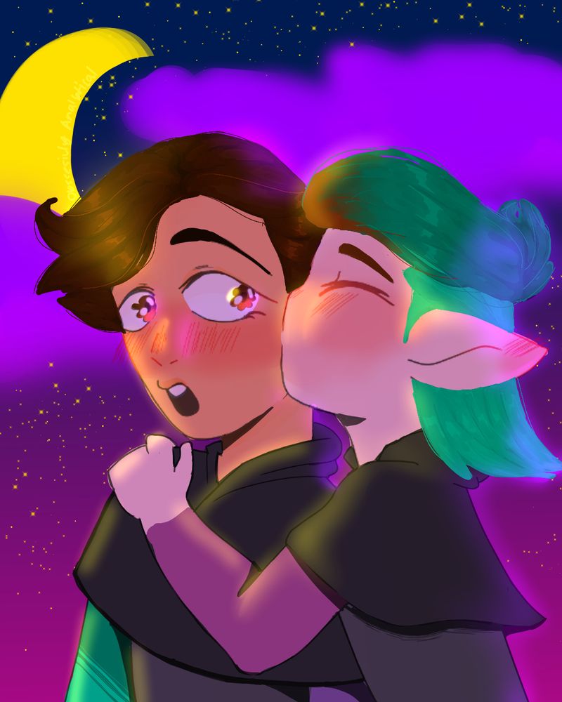 The background goes from a cobalt to a warm magenta. There are differing yellow dots that represent stars. On the top left is a waning yellow crescent moon. And two purple clouds.

In the foreground is the scene of Amity kissing Luz’s cheek. Lux is surprised but blushing, mouth agape and eyes wide as she looks at what’s transpiring. 

Amity is to her left, left arm holding Luz’s right shoulder as she leans in to pick her on the left cheek. Her eyes are closed, her cheeks and tips of her pointed ears are red with a blush. A yellow light shines on them coming from the moon.