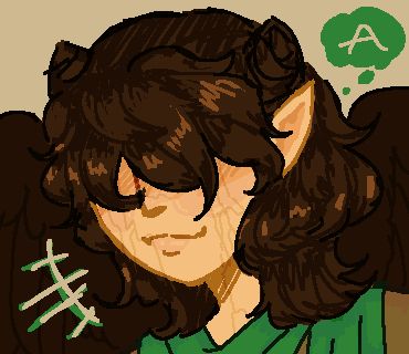 On a plain beige background is a simple pixel art of a girl. Her head is angled 3/4 looking to the left, her wavy and messy dark brown hair covering her eyes. She has half her hair up into two small horn buns and a jellyfish-ques haircut for the rest of her hair. Though even then it ends at her shoulders. She has slightly warm-toned pale skin, a straight nose, pointed ears, and a smile curved up at the corners. Her face is covered in lightning scars that appear to continue down her neck beyond her clothes. Which appears to be a forest green scarf and a de-saturated tan colored shirt. Behind her are brown wings slightly darker than her hair. There are off-white and green speech lines indicating she is talking on the bottom left of the page. On the top right is a thought bubble the same color as her scarf with the artist's watermark which is a T that crosses into an A. 