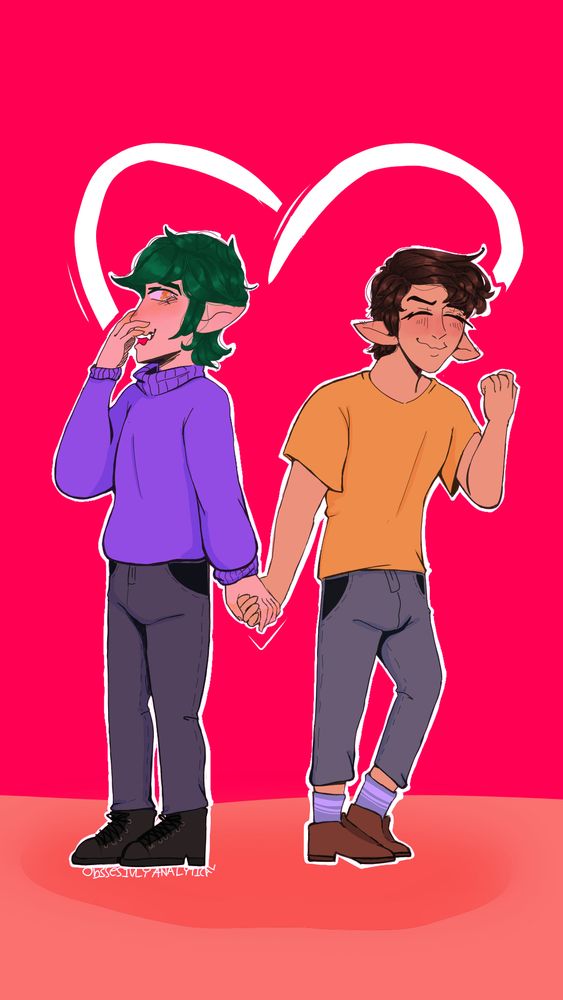 The back is a bright pink color with a lined white heart, Eldric and Jerbos held hands make the bottom point of the heart.

Eldric is on the left with a purple sweater, dark bluish purple jeans and leather boots. He is covering his mouth as his head is to the side but is still looking at Jerbo.

Jerbo on the other hand is very enthusiastic of finally holding Eldric’s hand. Cleansing his fist as he leans forward, eyes closed and mouth in a clear upward smile. He is wearing a yellow T-shirt slightly shorter and lighter blue jeans then Eldric. Socks that match Eldric’s purple clothing scheme and brown leather loafers. 

There is a white outline on the boys and a orangish bottom. 