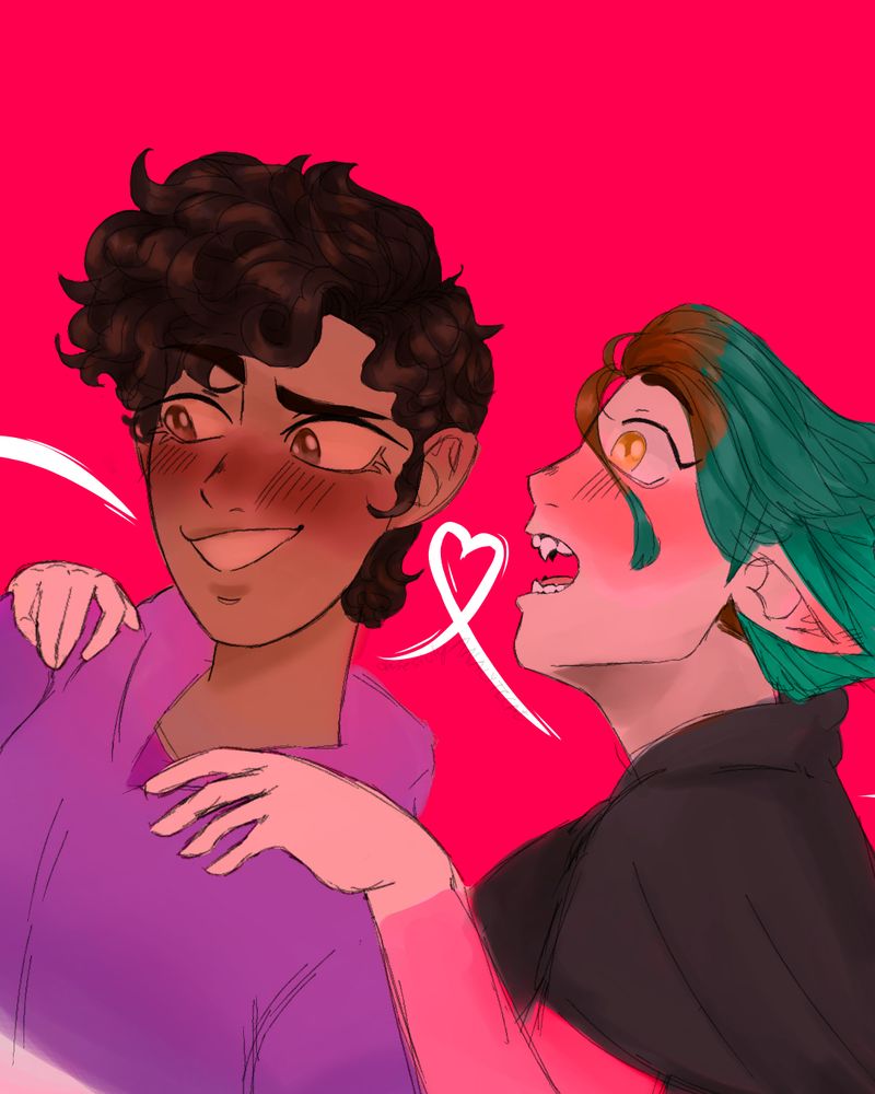 On a bright hot pink background there is also a white heart that waves to the left of Luz makes a heart in between the two girls and waves out of frame past Amity.

They are wearing there season 1 outfits. Luz is a bit embarrassed, still smiling but looking away as Amity looks at her curls, as if she couldn’t fall in love even more. Both girls are blushing. 

Amity is holding onto Luz’s shoulders and is facing her completely. Her side profile shows her witch fangs and wind seems to blow her hair away as if just seeing Luz’s curls have cause her heart to explode with love and the shockwave sends her hair aback.
