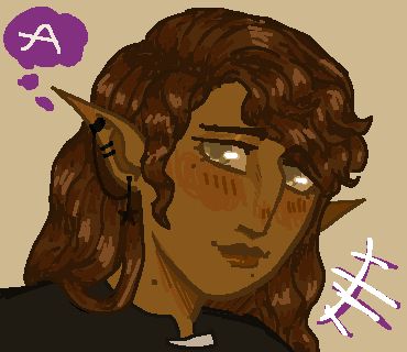 This drawing has a beige colored background. In the middle is a olive toned brown skinned elf in a simple pixel art style. Notably his ears are longer and pointer than the previous image. He has long wavy hair, with bangs cut to about his eye level swept from the side to his left. He is faced in a 3/4 profile view looking to the right. He has a feminine face; lips tinted with a dark red, curved upwards into a smile, downward pointing eyes with long eyelashes and light brown (hazel) eyes looking to his right looking at his wife. thin dark brown eyebrows, and a roman nose. He has a few beauty marks, underneath his left eye, on the right of the bottom of his lips, and near the curve of his jawline on the right. His hazelnut colored hair flows over his shoulders. He is wearing four earrings, one on the tragus that connects to the earlobe piercing that hangs off into a black star, the other two orbital piercings are plain black earrings. He is wearing a off black shirt that looks similar to a cross between a clergy shirt and a traditional Chinese shirt (think Ranma's shirt from Ranma 1/2). 

There is seemingly speech marks used in manga and comic books as a few lines with one in-between colored pure white and a dark plume color in the bottom right. In the top left corner is a thought bubble containing the artist's watermark, a T that crosses to an A.