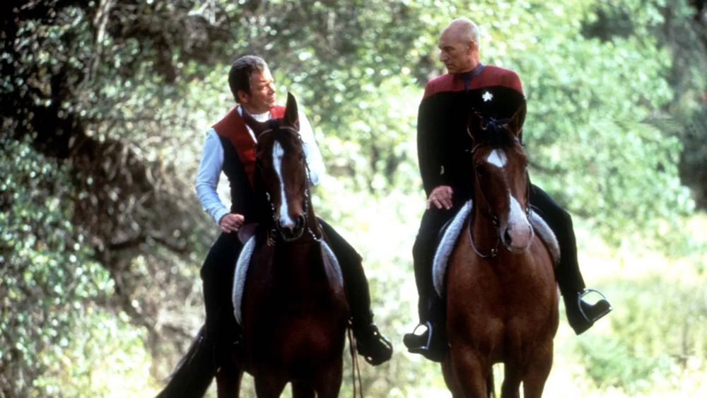 Kirk and Picard horseback riding in Star Trek: Generations. (While it may not be the first Trek movie I ever saw, it's the first I remember clearly, and certainly the first I ever saw in theaters.)