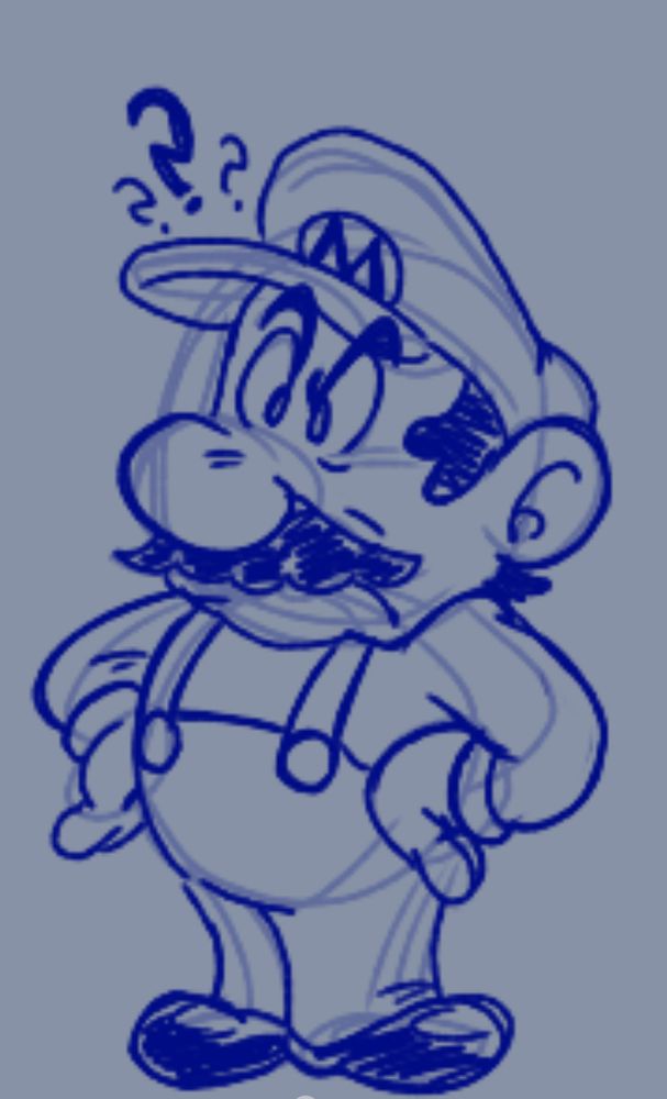 mario, hands placed on his hips looks frustrated and puzzled at something off to the side