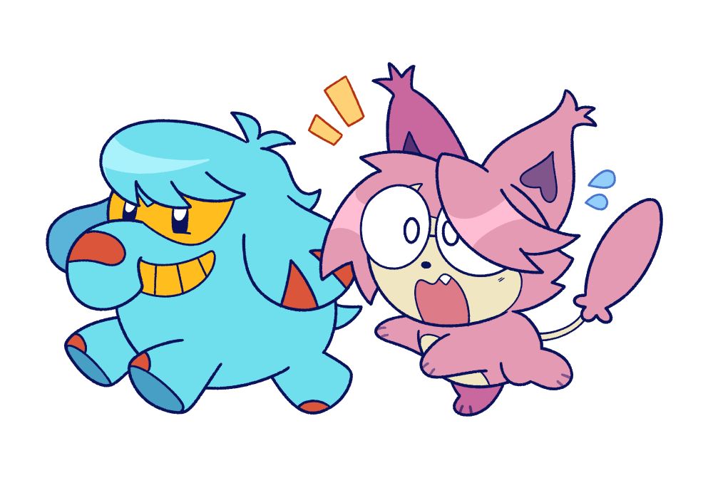 Two chibi pokemon ocs running. The one on the right is chasing the other and looking worried.