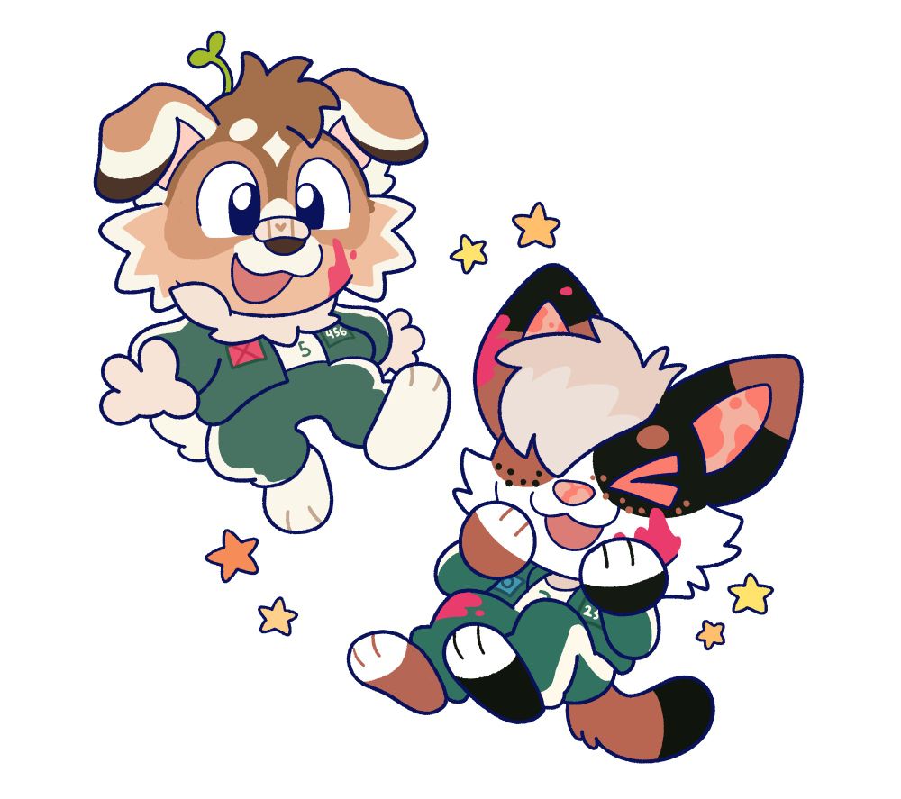 Two chibi furry characters floating. They're wearing Squid Game uniforms and have a little blood on them.