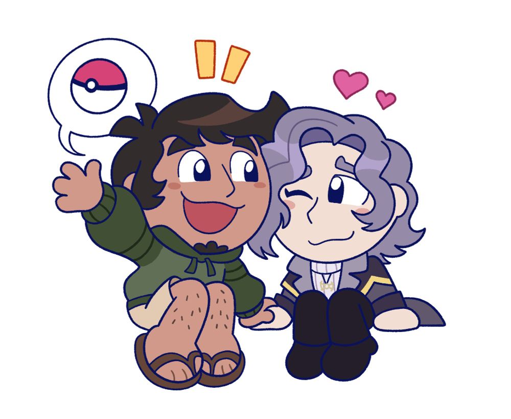 A chibi drawing of two human characters sitting together and holding hands. The character on the left is talking excitedly about pokemon while the other is happily listening to them. 