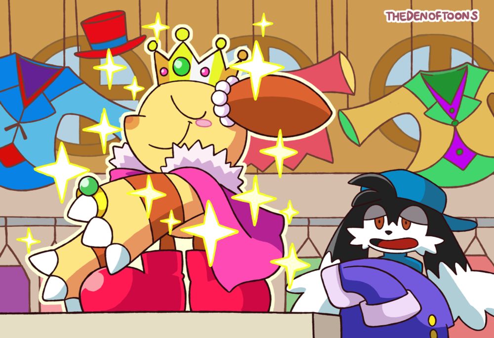 Popka and Klonoa in a clothes shop. Popka is on a table, trying on very glamorous clothes and sparkling jewelry and showing off. Klonoa in the background is carrying more clothes for popka to try on and doesn't look very happy about it.
