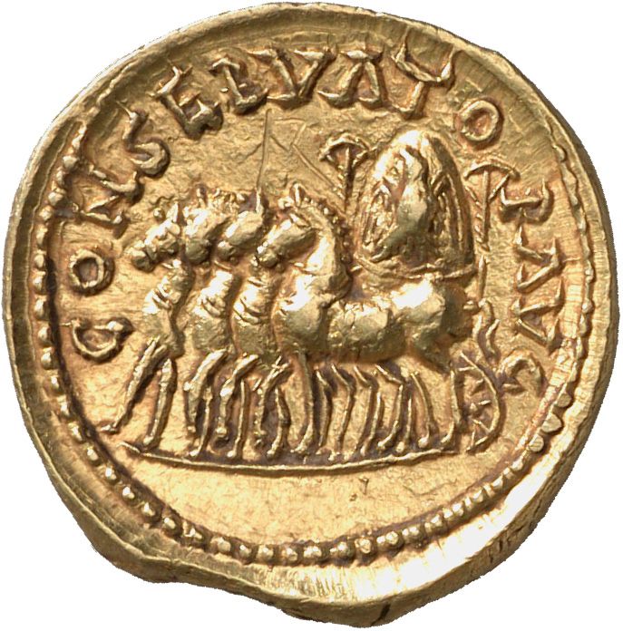 CONSERVATO-R AVG. The stone of Baal of Emesa on a quadriga to left. On the stone a relief of an eagle.
Photo: Lutz-Jürgen Lübke (Lübke und Wiedemann), Münzkabinett der Staatlichen Museen, 18201389: https://ikmk.smb.museum/object?id=18201389