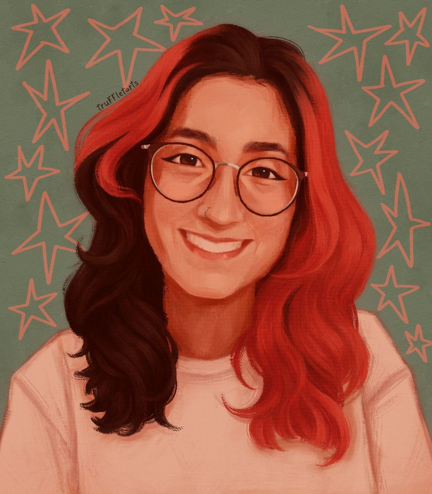 desenho da carol com cabelo metade rosa em um fundo com estrelinhas