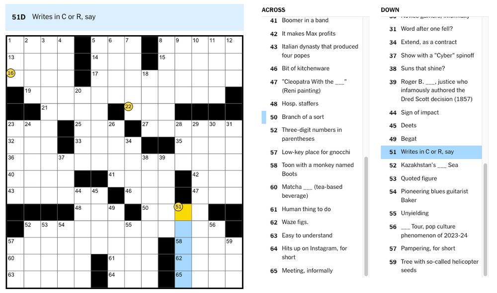Screenshot of New York Times crossword with a clue referencing R.