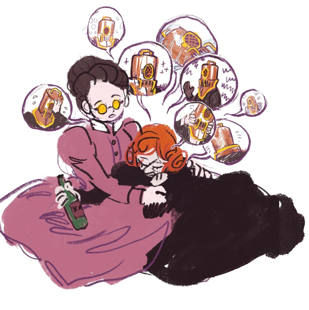 Digital sketch of the same two women, but the tall one with the spectacles is comforting the small angry one, who is surrounded by many speech bubbles featuring a figure in a brass helmet. She is also holding a bottle of suspicious fermented mushroom beverage.