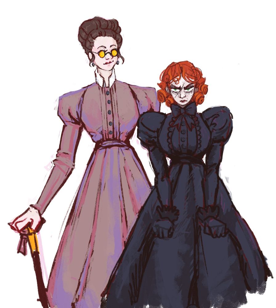 Digital sketch of two women, one is tall and smiling, wearing a pink or purple dress with golden spectacles and holding a cane. The other is short and angry, wearing a black dress with red curly hair and a dashing facial scar.