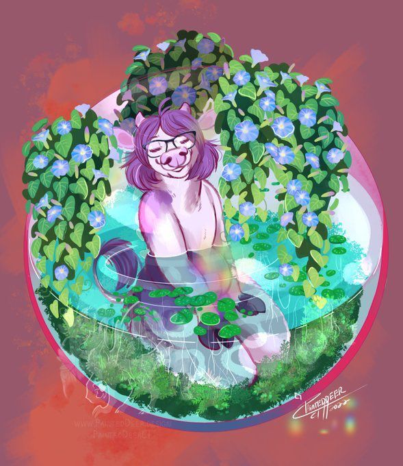 Botanical sphere art with my fursona, a lilac purple cow