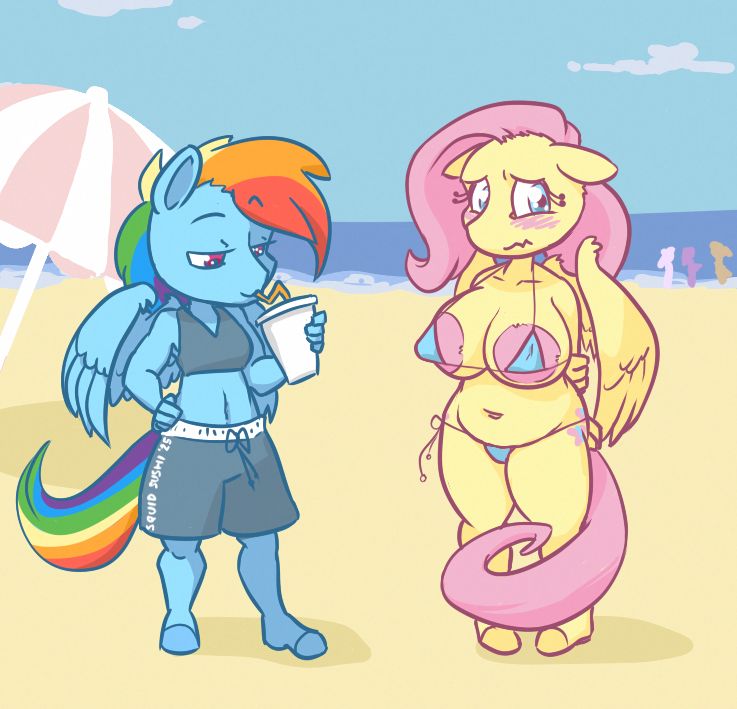 Anthroporphic versions of Rainbow Dash and Fluttershy from My Little Pony, standing on a sunny beach. Fluttershy is wearing a very small bikini, which does nothing to hide her large breasts and areolas. She's blushing in embarrassment and looking away. Rainbow Dash is drinking from a straw cup while looking Fluttershy over appreciatively.