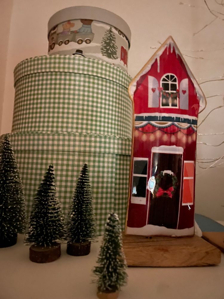 meine 2 alten grün-weissen Hutschachteln tragen obenauf die neue kleine Spielsachenschachtel für die Weihnachtsdeko - daneben steht das englische Weihnachtshaus aus Blech und ein paar Tannenbäume liefern den Vordergrund … daneben liegt der Bumerang … alles kommt wieder an den Anfang … 